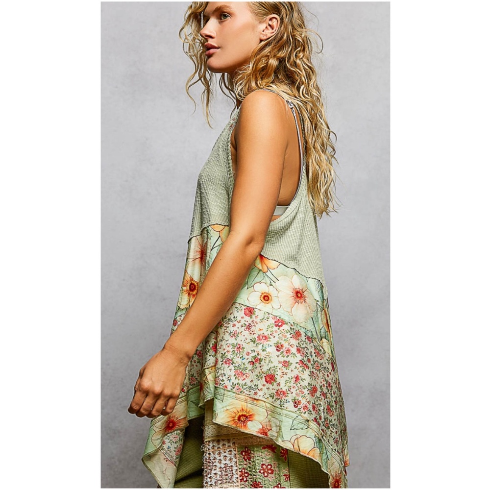 POL Sage Green Floral Print Sleeveless Ribbed Tunic Tank Top - Picture 5 of 5